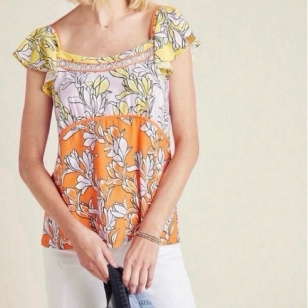 Farm Rio Ruffle Sleeves Floral Colorful Spring Lace Wide Strap tank blouse